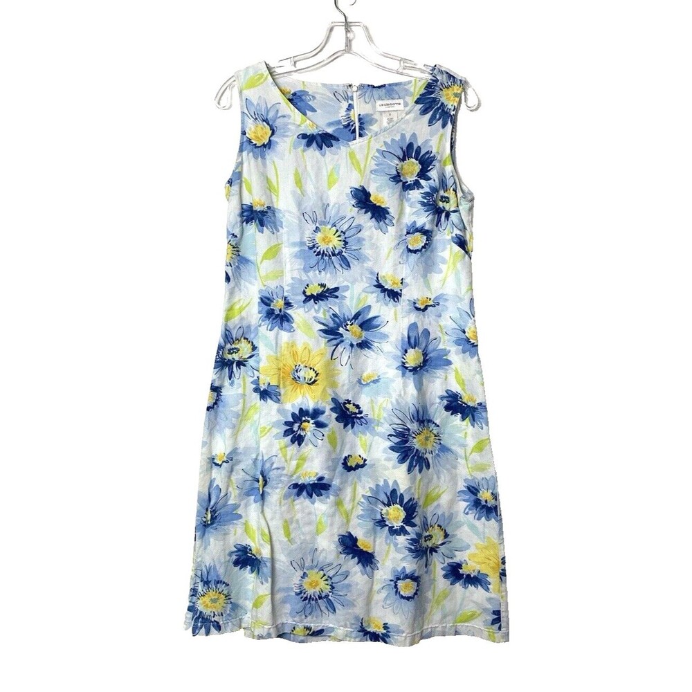 Liz Claiborne Sport Dress Blue Floral Linen Blend Summer Size 8 Sleeveless
